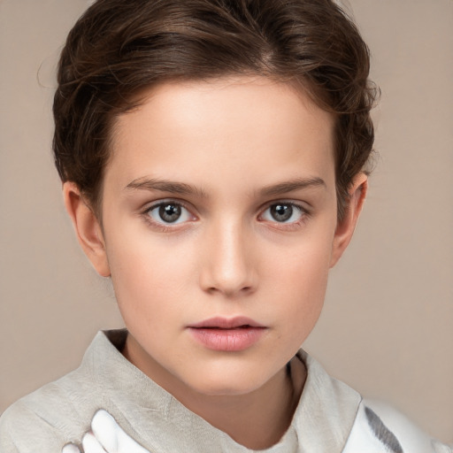 Neutral white child female with short  brown hair and grey eyes