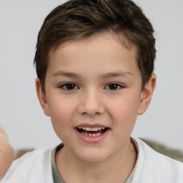 Joyful white child female with short  brown hair and brown eyes