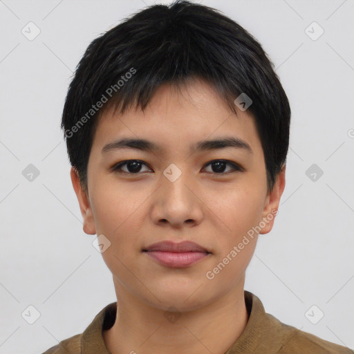 Joyful asian young-adult female with short  black hair and brown eyes