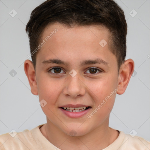 Joyful white child male with short  brown hair and brown eyes