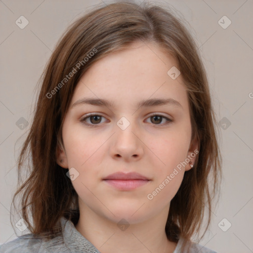 Neutral white young-adult female with medium  brown hair and brown eyes