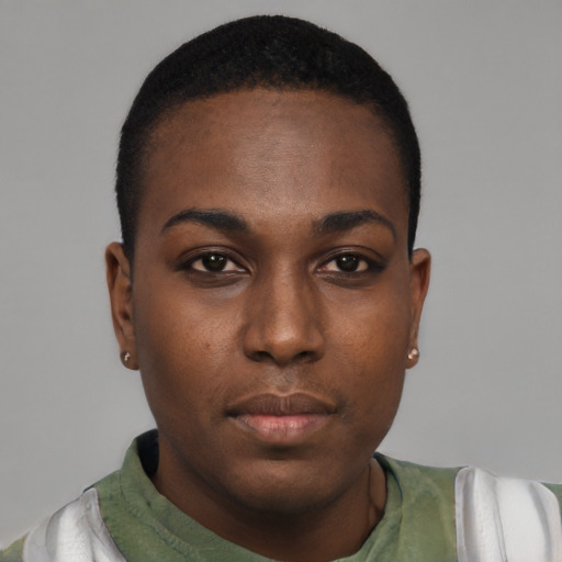 Neutral black young-adult female with short  black hair and brown eyes