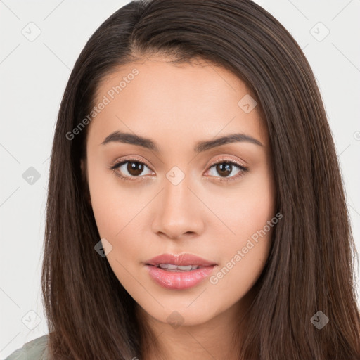 Neutral white young-adult female with long  brown hair and brown eyes