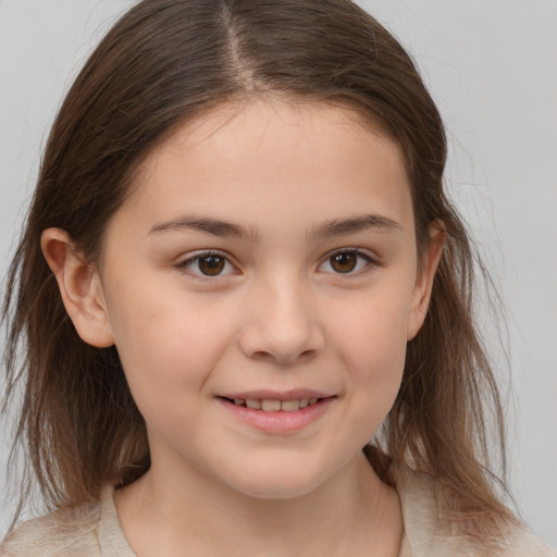 Joyful white child female with medium  brown hair and brown eyes