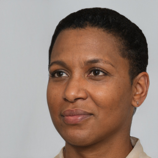 Joyful black adult female with short  brown hair and brown eyes