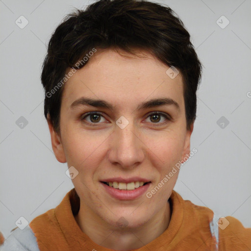 Joyful white young-adult female with short  brown hair and brown eyes