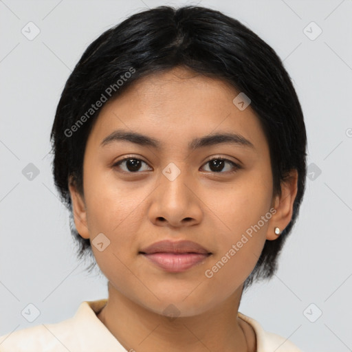 Joyful asian young-adult female with medium  black hair and brown eyes