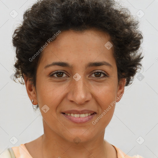 Joyful white adult female with short  brown hair and brown eyes