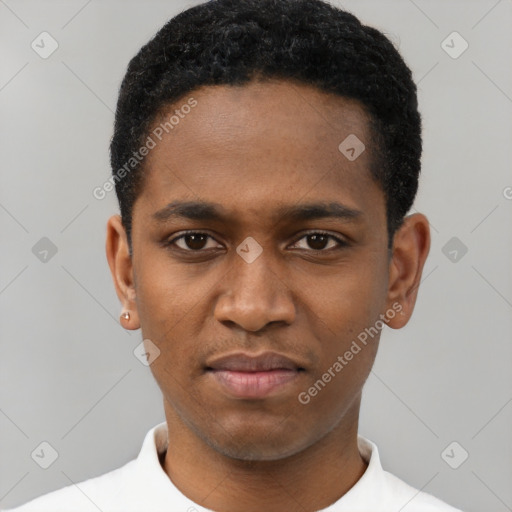 Neutral black young-adult male with short  black hair and brown eyes