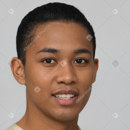 Joyful latino young-adult male with short  brown hair and brown eyes