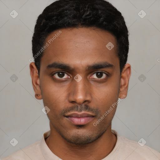 Neutral latino young-adult male with short  black hair and brown eyes