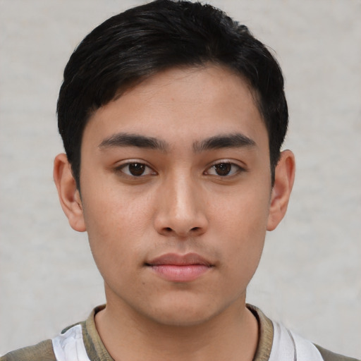 Neutral asian young-adult male with short  black hair and brown eyes