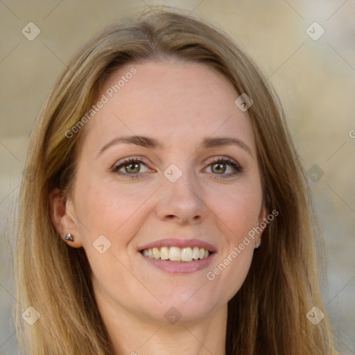 Joyful white young-adult female with long  brown hair and green eyes