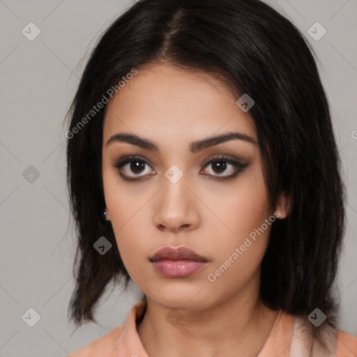 Neutral asian young-adult female with medium  brown hair and brown eyes