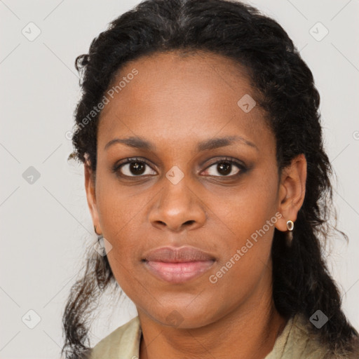 Neutral black young-adult female with long  black hair and brown eyes