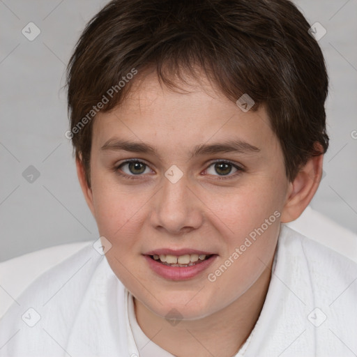 Joyful white child female with short  brown hair and brown eyes