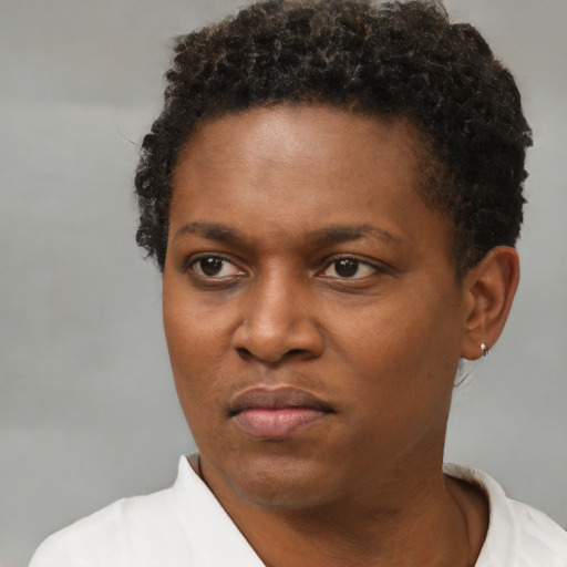 Neutral black young-adult female with short  brown hair and brown eyes