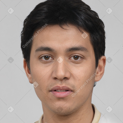 Neutral white young-adult male with short  black hair and brown eyes