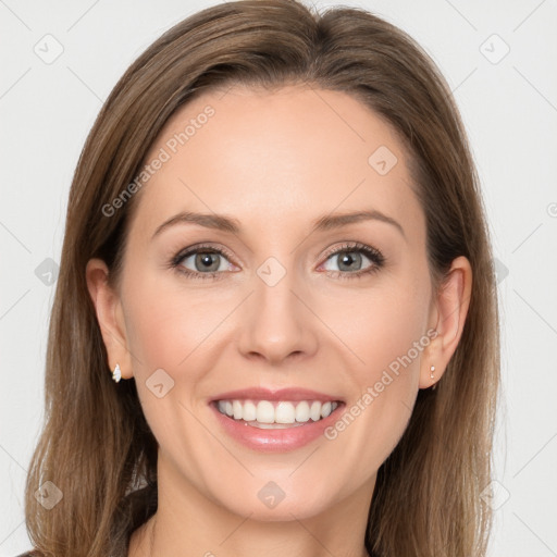 Joyful white young-adult female with long  brown hair and grey eyes