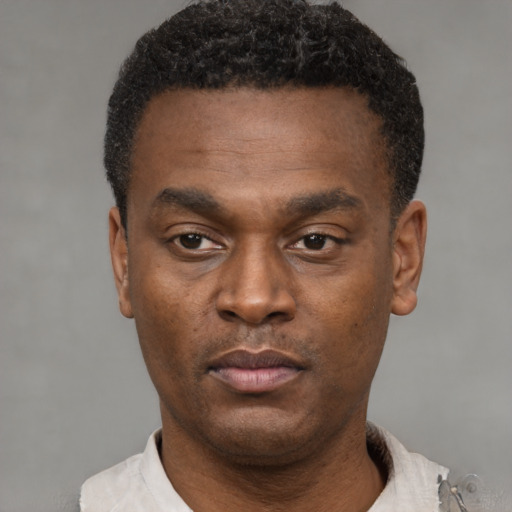 Neutral black young-adult male with short  black hair and brown eyes
