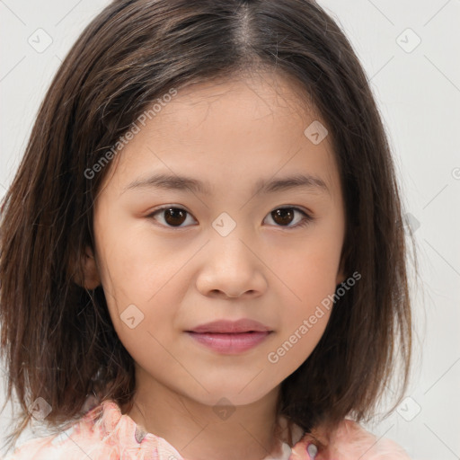 Joyful white child female with medium  brown hair and brown eyes