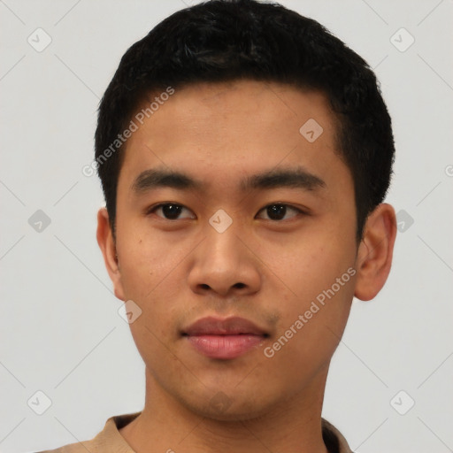 Neutral asian young-adult male with short  black hair and brown eyes