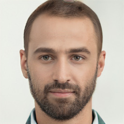 Neutral white young-adult male with short  brown hair and brown eyes