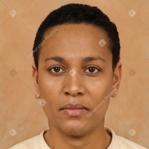 Neutral latino young-adult female with short  black hair and brown eyes