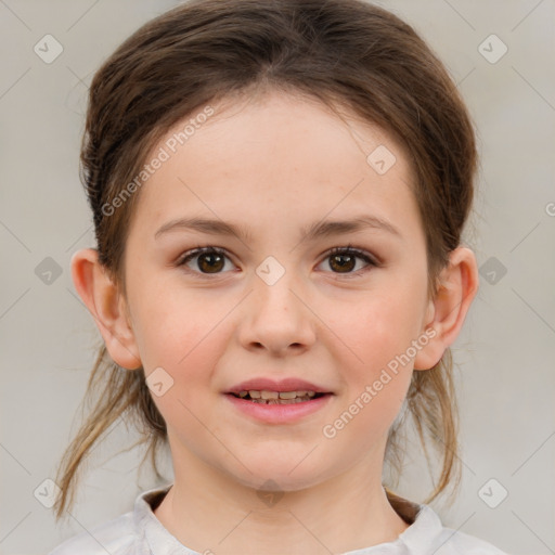 Joyful white child female with medium  brown hair and brown eyes