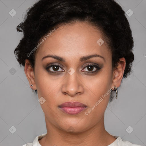 Joyful latino young-adult female with short  brown hair and brown eyes