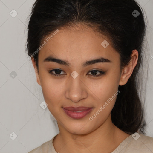 Joyful latino young-adult female with medium  brown hair and brown eyes