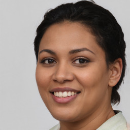 Joyful latino young-adult female with short  brown hair and brown eyes