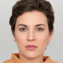 Neutral white young-adult female with short  brown hair and brown eyes