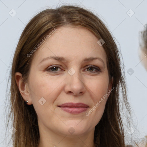 Joyful white adult female with medium  brown hair and grey eyes