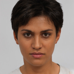 Neutral white young-adult female with short  brown hair and brown eyes