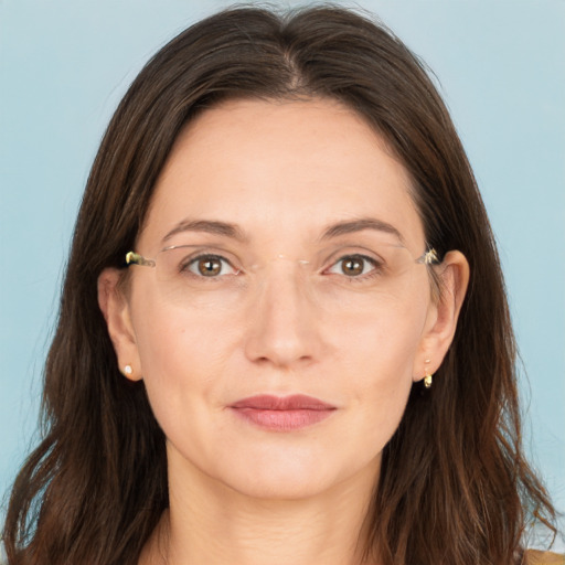 Joyful white adult female with long  brown hair and brown eyes