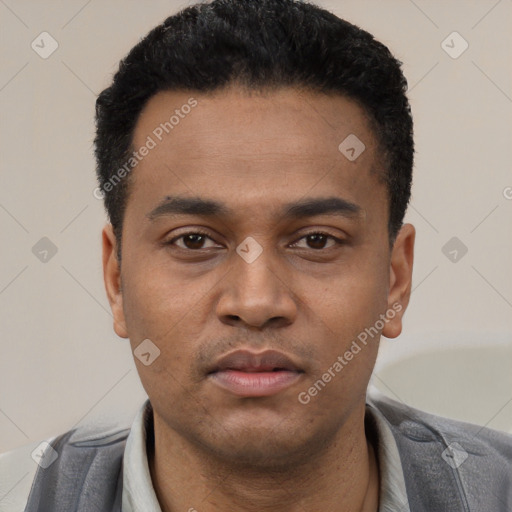 Neutral latino young-adult male with short  black hair and brown eyes