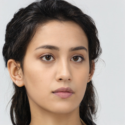 Neutral asian young-adult female with long  brown hair and brown eyes