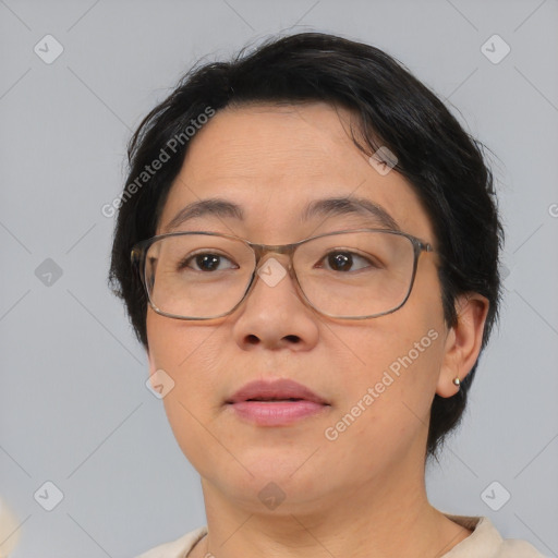 Neutral asian adult female with short  brown hair and brown eyes