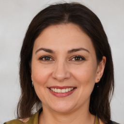 Joyful white adult female with medium  brown hair and brown eyes