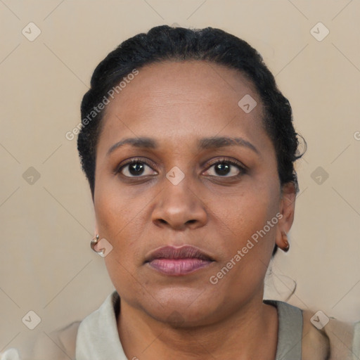 Neutral black adult female with short  black hair and brown eyes