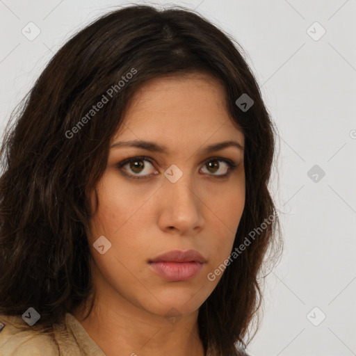 Neutral white young-adult female with long  brown hair and brown eyes