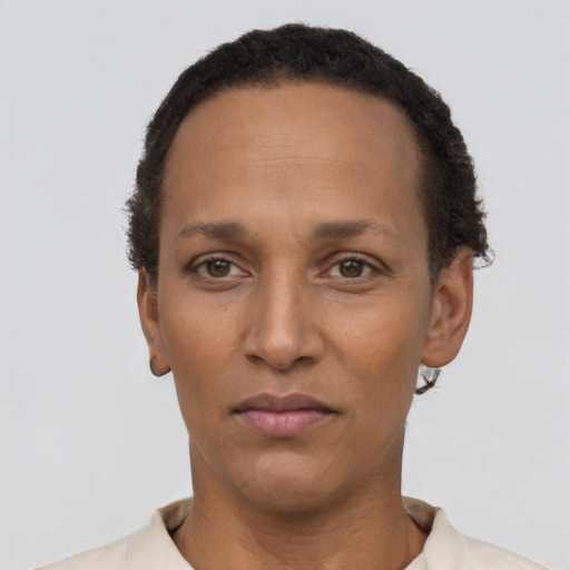 Neutral latino adult female with short  black hair and brown eyes