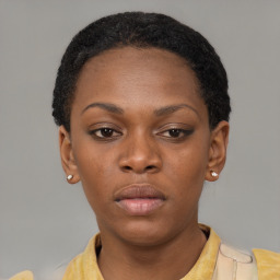 Neutral black young-adult female with short  black hair and brown eyes