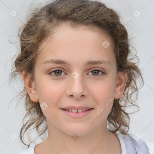 Joyful white child female with medium  brown hair and brown eyes