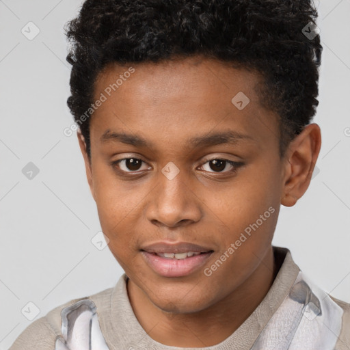 Joyful black young-adult male with short  brown hair and brown eyes