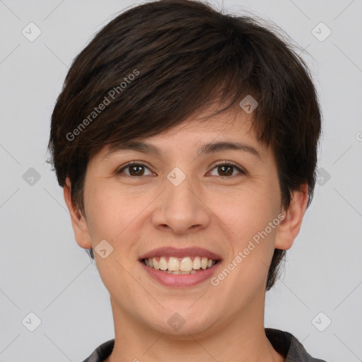 Joyful white young-adult female with medium  brown hair and brown eyes