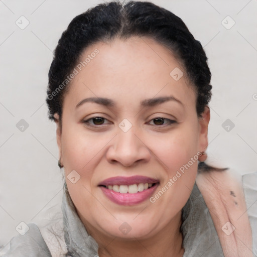 Joyful latino young-adult female with short  brown hair and brown eyes