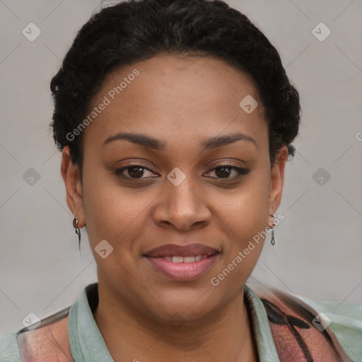 Joyful latino young-adult female with short  brown hair and brown eyes