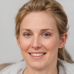 Joyful white adult female with medium  brown hair and grey eyes